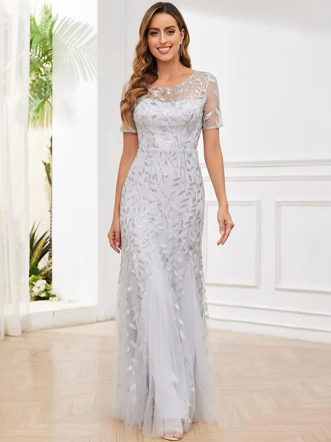 Sequin Mother of The Bride Dresses for Women Long Tulle Mermaid Formal Evening Gown with Sleeves
