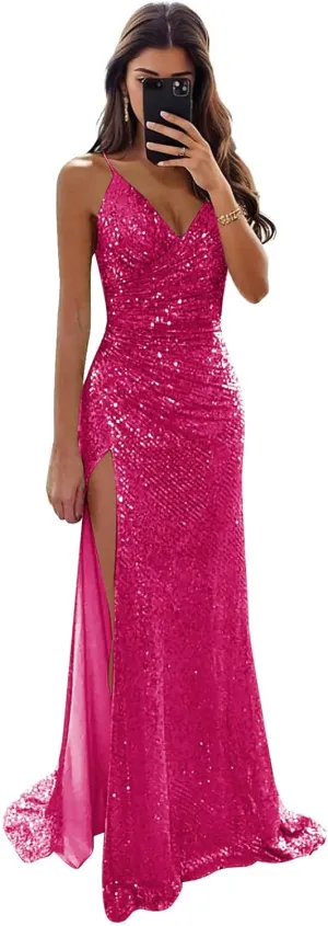 Sequin Prom Dresses Sparkly Spaghetti Straps V Neck Mermaid Formal Evening Gown with Slit