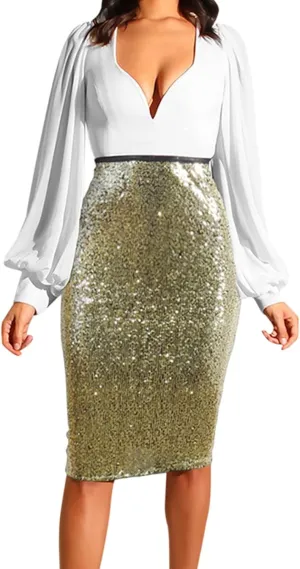 Sequin Skirt for Women, Sparkly Skirts, Sexy Glitter High Waist Casual Midi Skirt Bodycon for Holiday/Party/Business