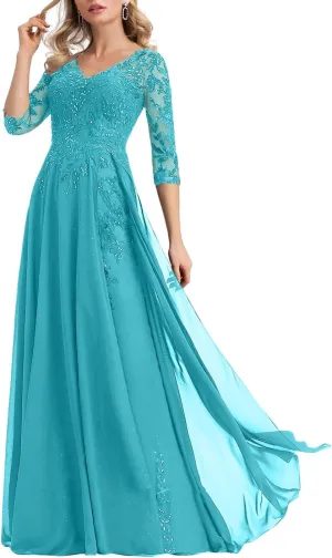 Sequins Lace Mother of The Bride Dresses for Wedding V Neck Pleated Long Chiffon Formal Dress with Applique