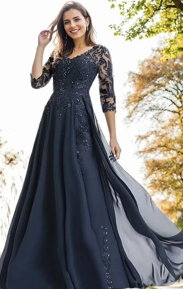 Sequins Lace Mother of The Bride Dresses for Wedding V Neck Pleated Long Chiffon Formal Dress with Applique