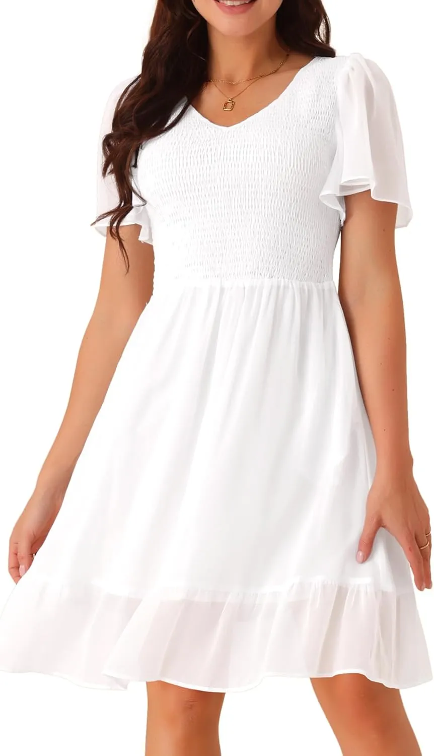 Seta T Women's Summer Chiffon Dresses Smocked V Neck Flutter Short Sleeve Flowy Casual Dress with Pockets
