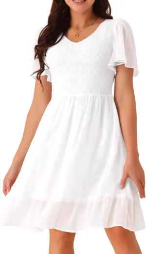 Seta T Women's Summer Chiffon Dresses Smocked V Neck Flutter Short Sleeve Flowy Casual Dress with Pockets