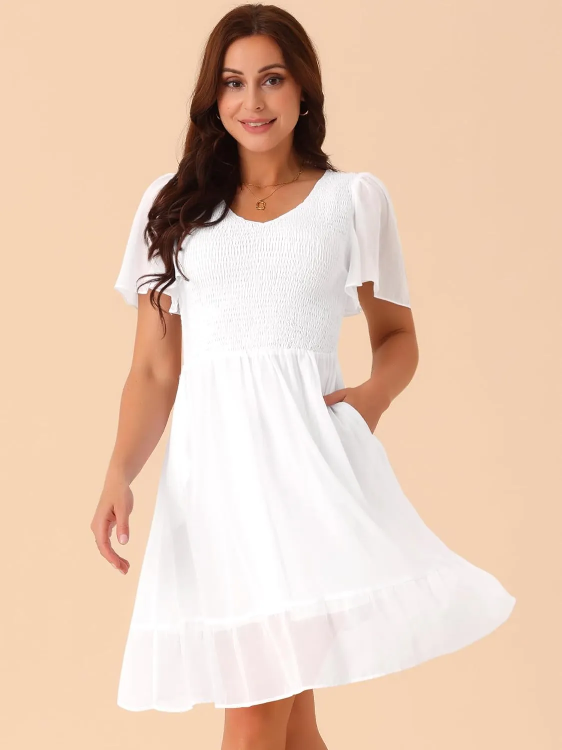 Seta T Women's Summer Chiffon Dresses Smocked V Neck Flutter Short Sleeve Flowy Casual Dress with Pockets