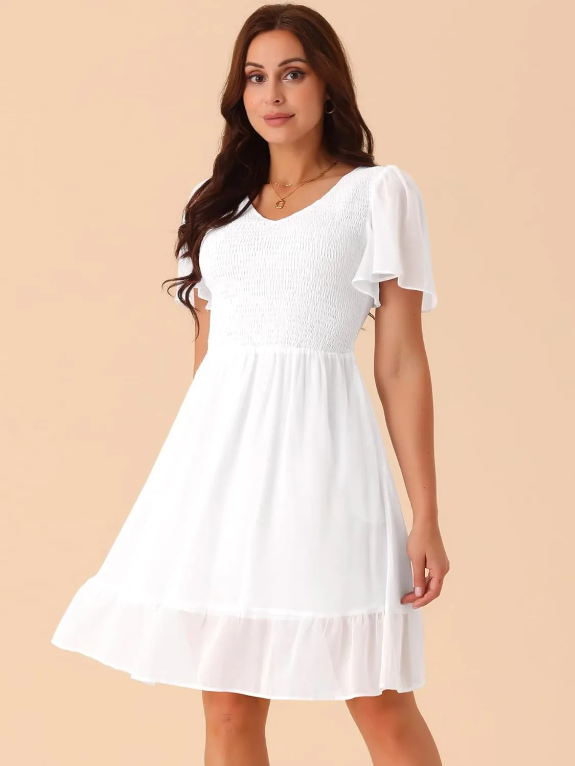 Seta T Women's Summer Chiffon Dresses Smocked V Neck Flutter Short Sleeve Flowy Casual Dress with Pockets
