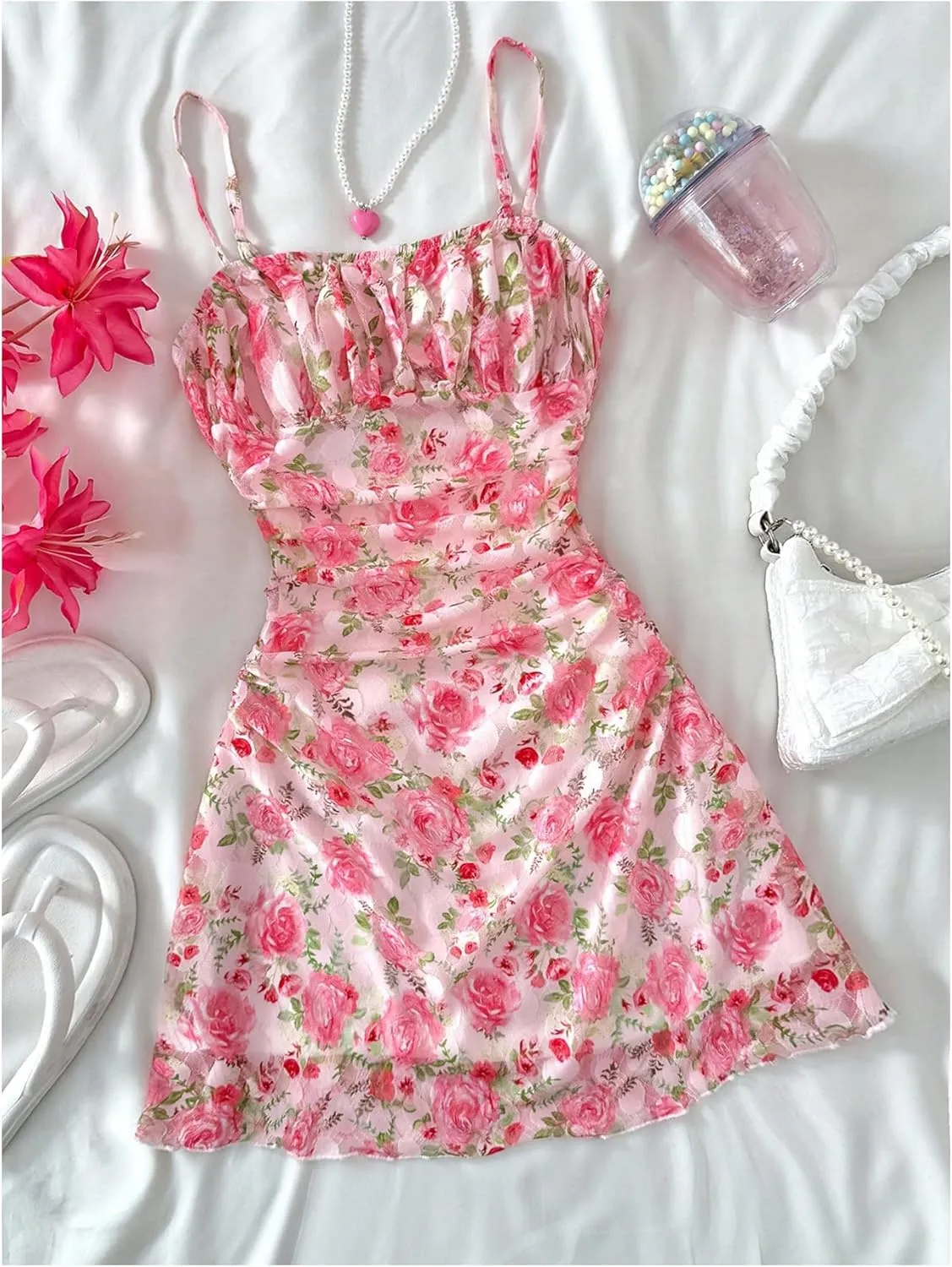 SHENHE Girl's Floral Ruched Spaghetti Strap Sundress Mesh A Line Flowy Boho Mini Dress