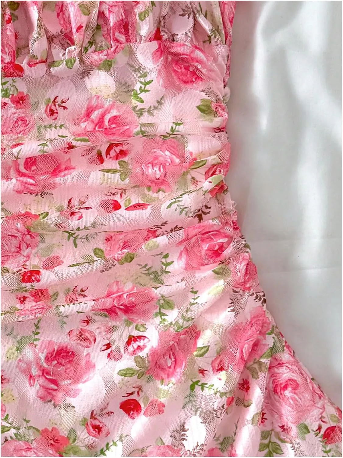 SHENHE Girl's Floral Ruched Spaghetti Strap Sundress Mesh A Line Flowy Boho Mini Dress