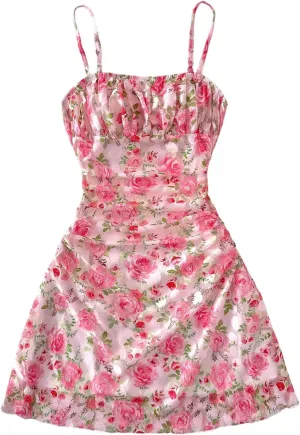 SHENHE Girl's Floral Ruched Spaghetti Strap Sundress Mesh A Line Flowy Boho Mini Dress