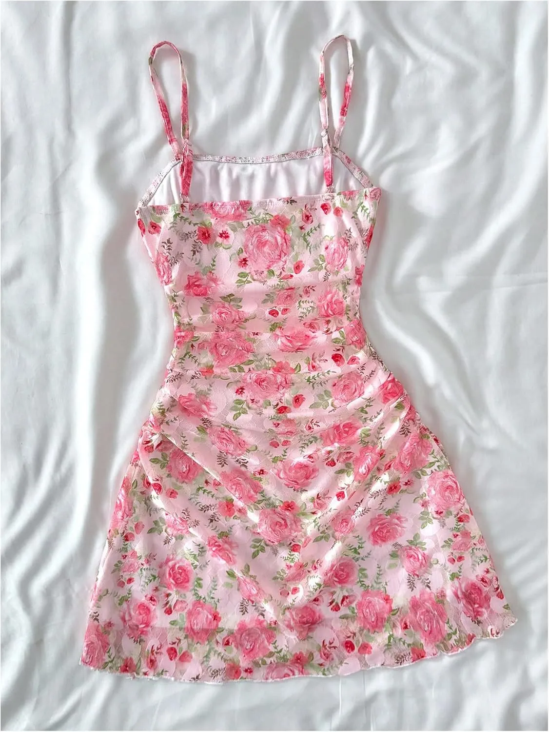 SHENHE Girl's Floral Ruched Spaghetti Strap Sundress Mesh A Line Flowy Boho Mini Dress