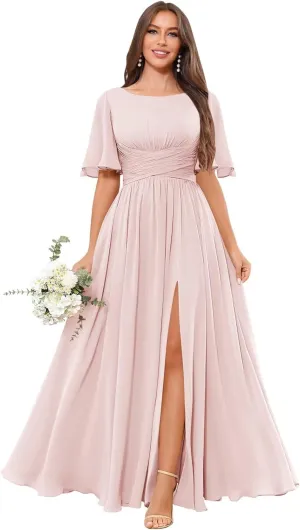 Short Sleeve Bridesmaid Dresses Long A Line Pleated Chiffon Formal Evening Dress with Slit