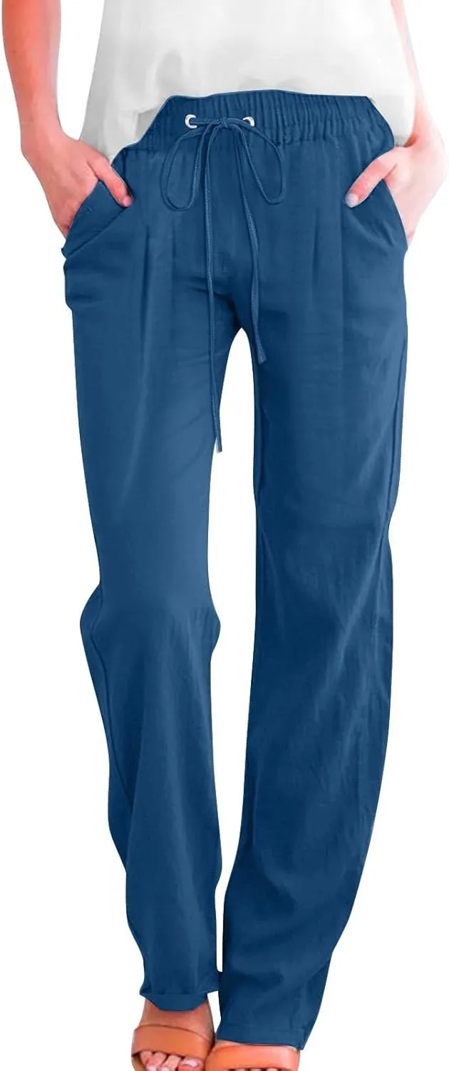 Slim Straight Leg Linen Pants for Women Summer Pants Elastic High Waist Drawstring Beach Trouser Business Work Slacks