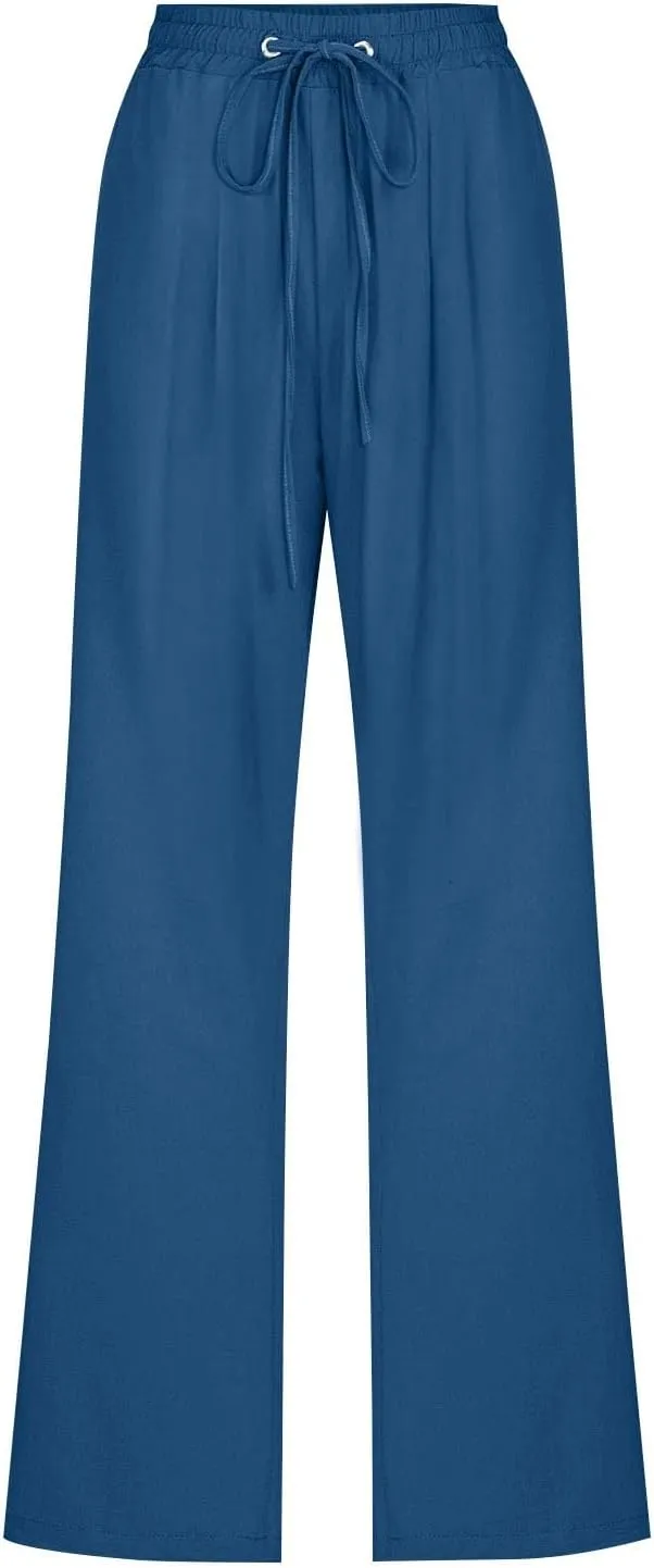 Slim Straight Leg Linen Pants for Women Summer Pants Elastic High Waist Drawstring Beach Trouser Business Work Slacks