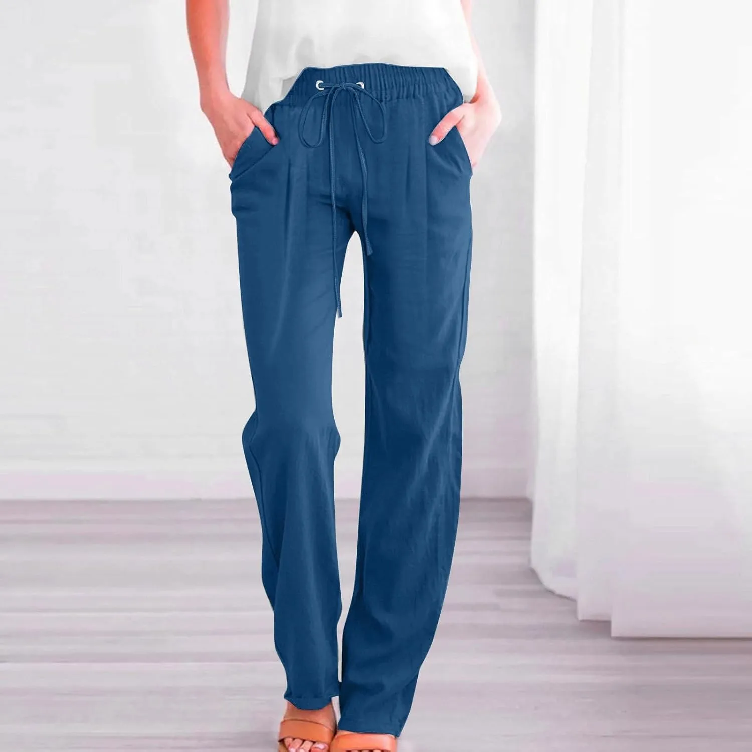 Slim Straight Leg Linen Pants for Women Summer Pants Elastic High Waist Drawstring Beach Trouser Business Work Slacks
