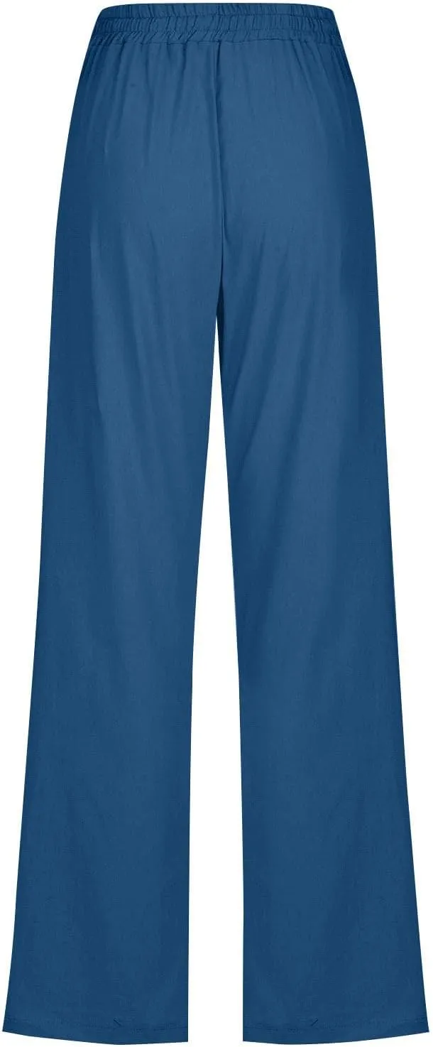 Slim Straight Leg Linen Pants for Women Summer Pants Elastic High Waist Drawstring Beach Trouser Business Work Slacks