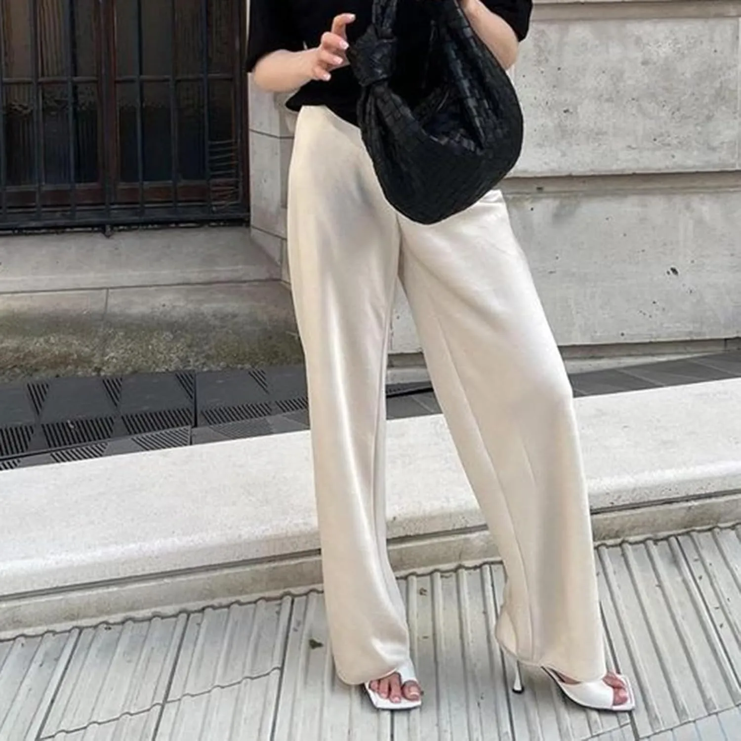 SOLILOQUY Women Y2K Satin Wide Leg Pants Casual Elastic High Waist Solid Loose Fit Lounge Pants Office Ladies Work Trousers