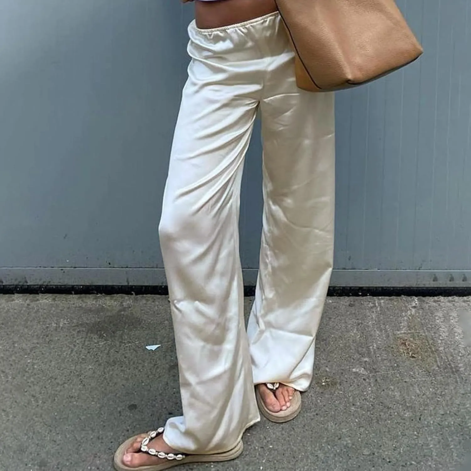 SOLILOQUY Women Y2K Satin Wide Leg Pants Casual Elastic High Waist Solid Loose Fit Lounge Pants Office Ladies Work Trousers