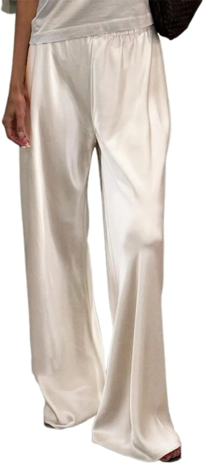 SOLILOQUY Women Y2K Satin Wide Leg Pants Casual Elastic High Waist Solid Loose Fit Lounge Pants Office Ladies Work Trousers