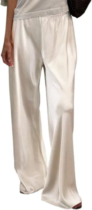 SOLILOQUY Women Y2K Satin Wide Leg Pants Casual Elastic High Waist Solid Loose Fit Lounge Pants Office Ladies Work Trousers
