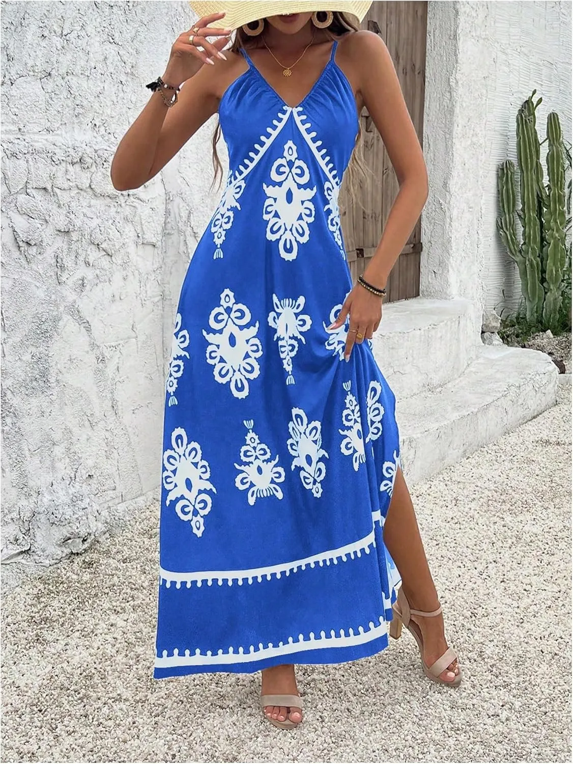 SOLY HUX Women's Summer Printed Maxi Dress V Neck Spaghetti Strap Split Flowy Cami Dresses Sundress
