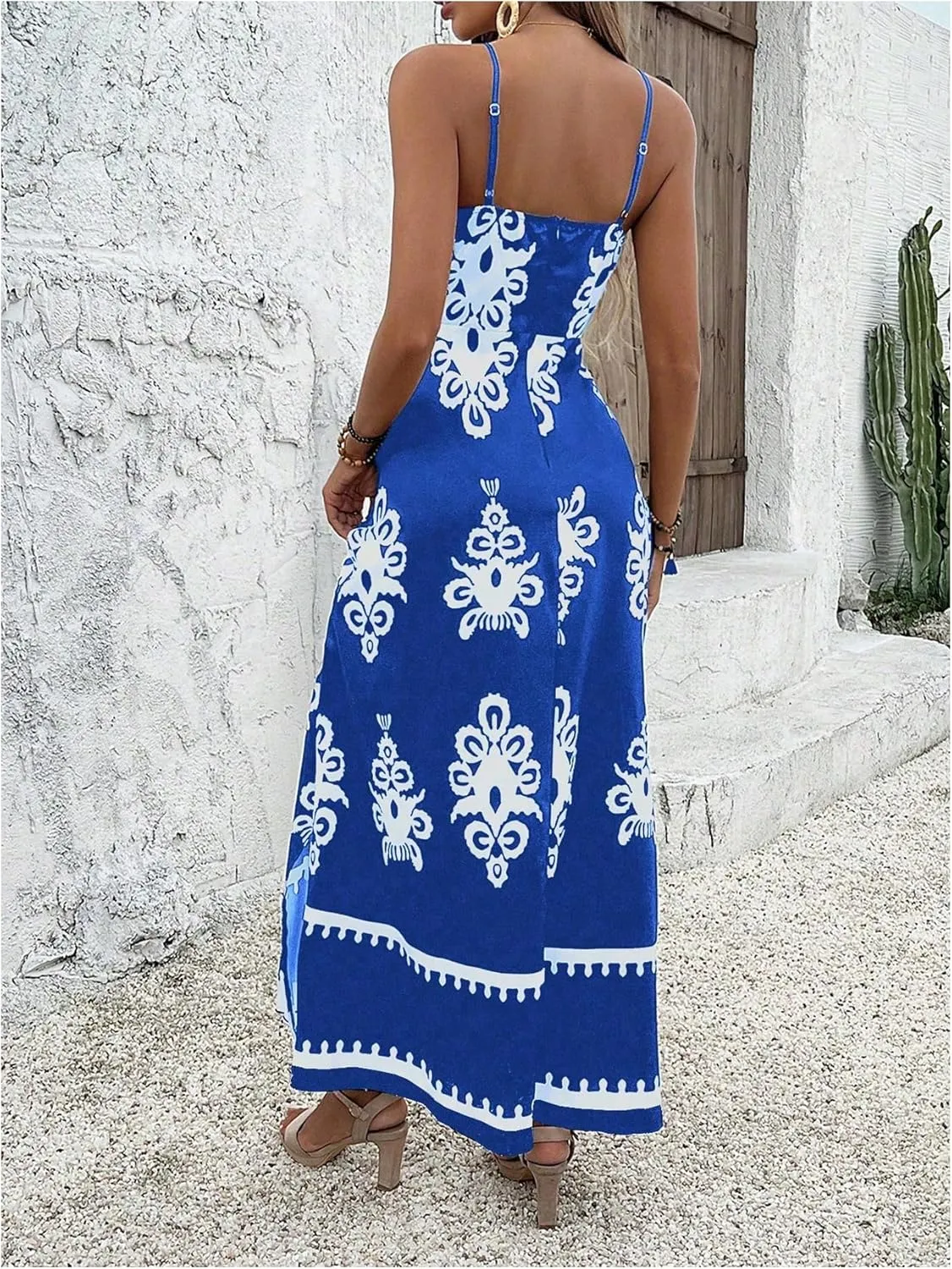 SOLY HUX Women's Summer Printed Maxi Dress V Neck Spaghetti Strap Split Flowy Cami Dresses Sundress