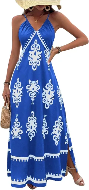 SOLY HUX Women's Summer Printed Maxi Dress V Neck Spaghetti Strap Split Flowy Cami Dresses Sundress