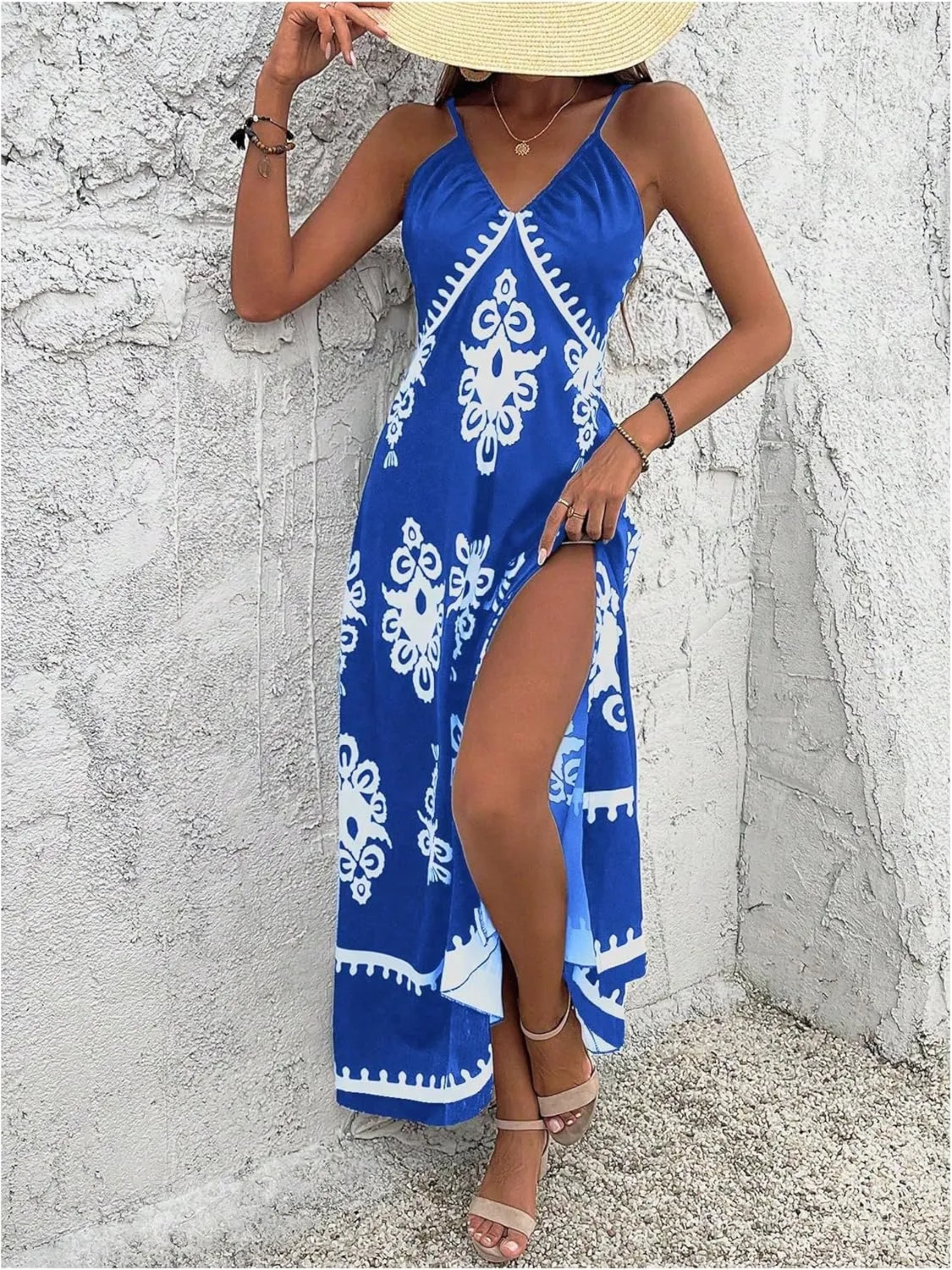 SOLY HUX Women's Summer Printed Maxi Dress V Neck Spaghetti Strap Split Flowy Cami Dresses Sundress
