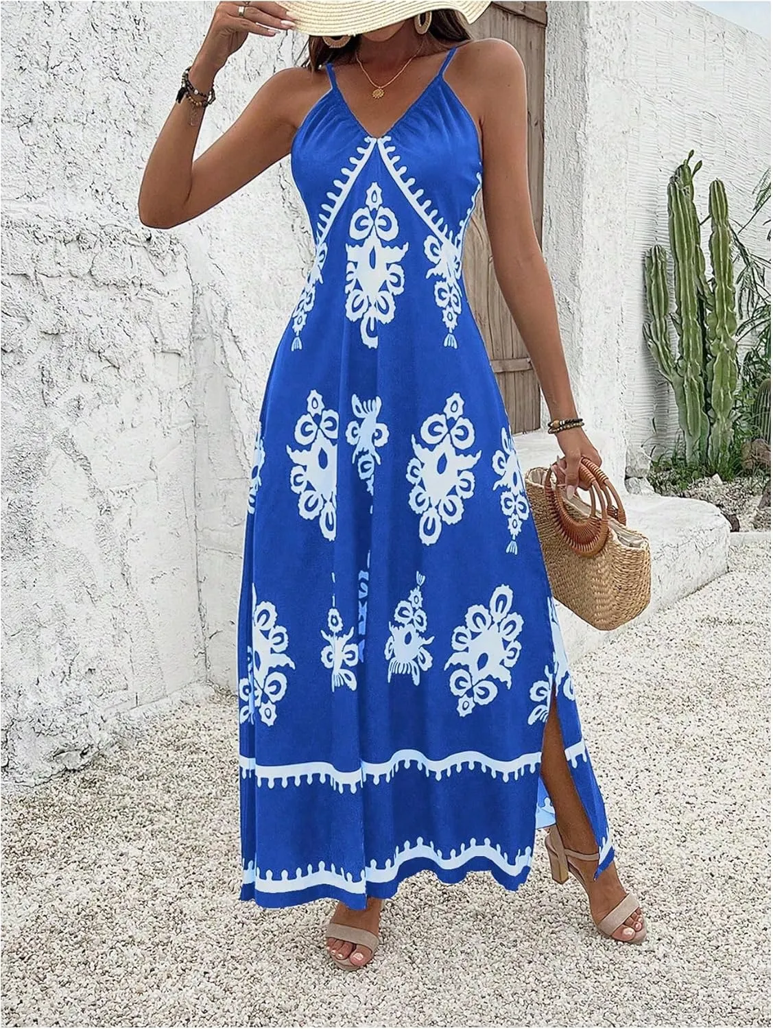 SOLY HUX Women's Summer Printed Maxi Dress V Neck Spaghetti Strap Split Flowy Cami Dresses Sundress