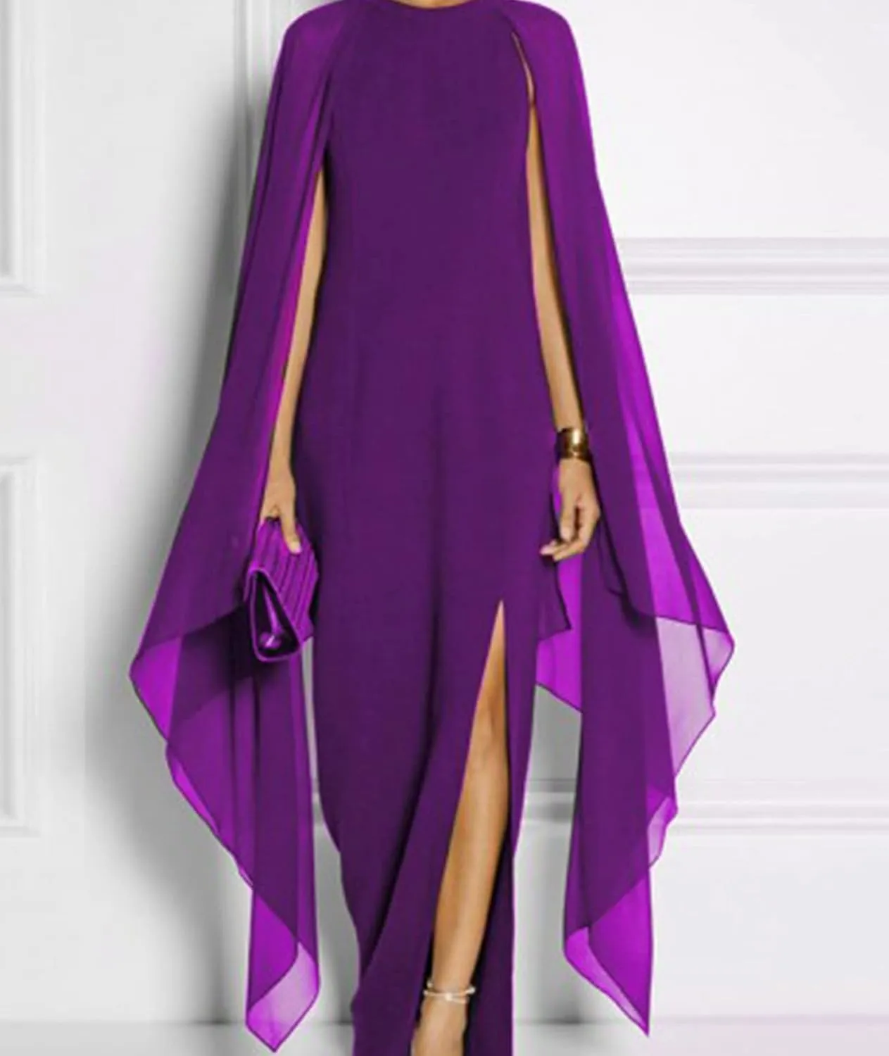 SOMTHRON Women's Elegant High Split Flare Cape Sleeve Chiffon Long Dress Evening Gown Cocktail Maxi Formal Dress