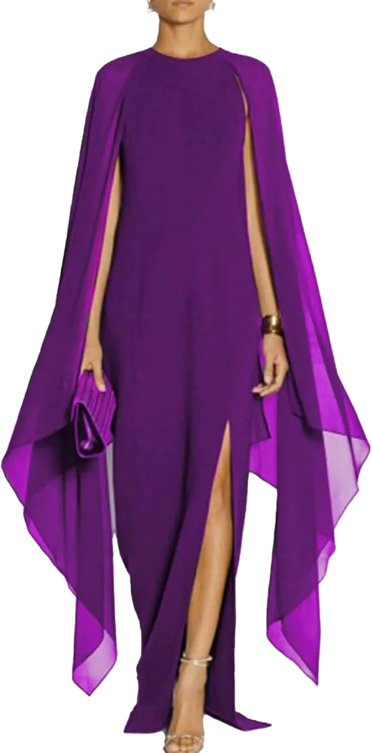 SOMTHRON Women's Elegant High Split Flare Cape Sleeve Chiffon Long Dress Evening Gown Cocktail Maxi Formal Dress