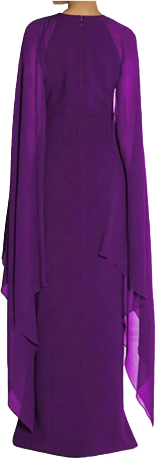 SOMTHRON Women's Elegant High Split Flare Cape Sleeve Chiffon Long Dress Evening Gown Cocktail Maxi Formal Dress