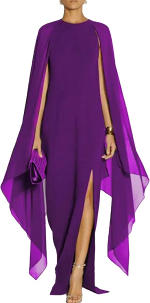 SOMTHRON Women's Elegant High Split Flare Cape Sleeve Chiffon Long Dress Evening Gown Cocktail Maxi Formal Dress