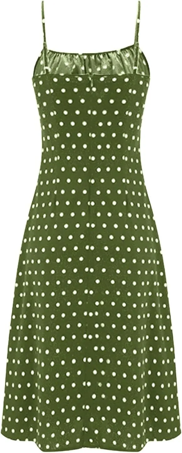 Spaghetti Strap Dresses for Women 2025 Polka Dot Sleeveless Slit Midi Dress Summer Sexy Boho Flowy Beach Vacation Sundress