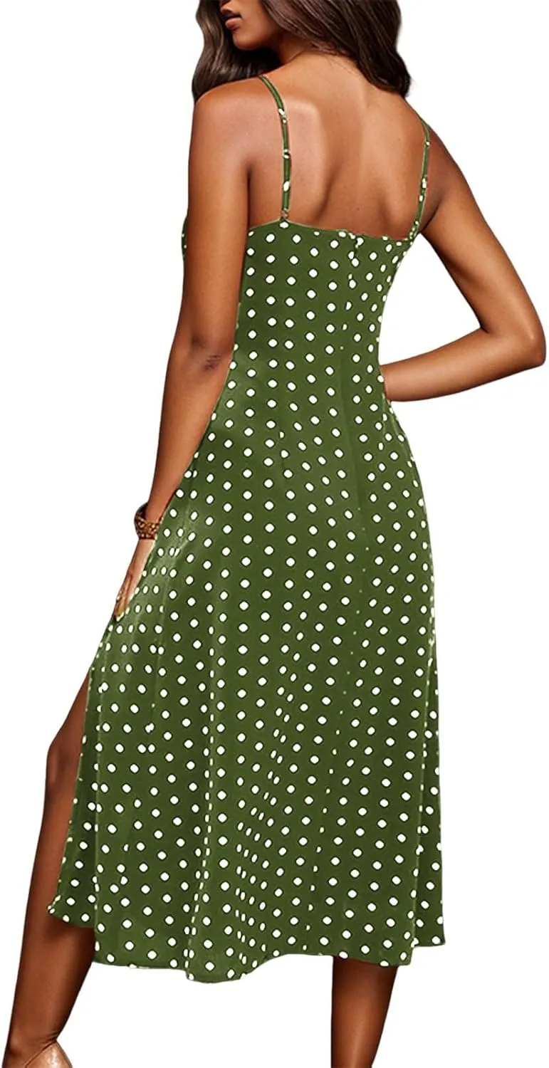 Spaghetti Strap Dresses for Women 2025 Polka Dot Sleeveless Slit Midi Dress Summer Sexy Boho Flowy Beach Vacation Sundress