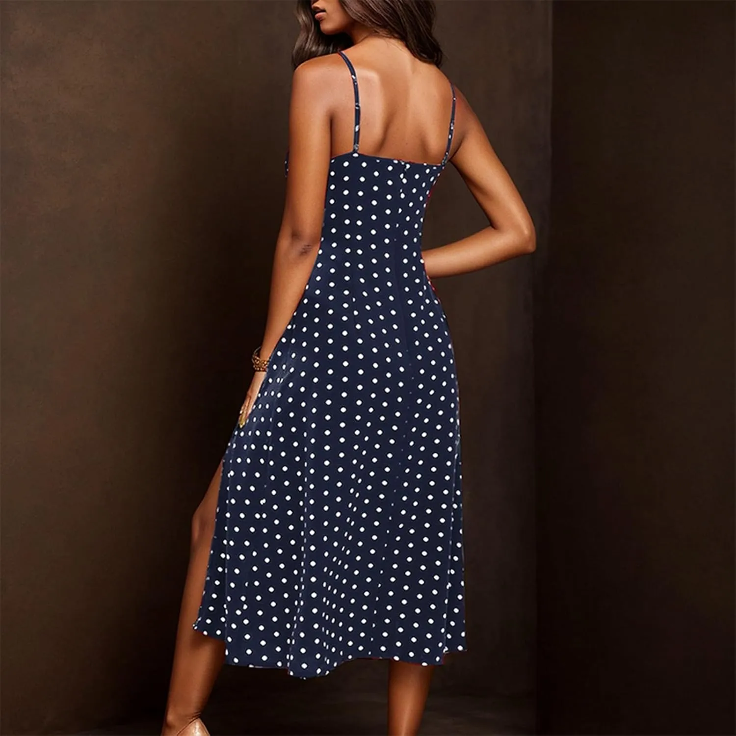 Spaghetti Strap Dresses for Women 2025 Polka Dot Sleeveless Slit Midi Dress Summer Sexy Boho Flowy Beach Vacation Sundress