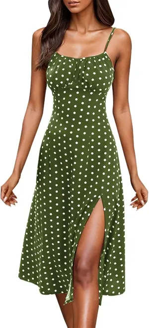 Spaghetti Strap Dresses for Women 2025 Polka Dot Sleeveless Slit Midi Dress Summer Sexy Boho Flowy Beach Vacation Sundress