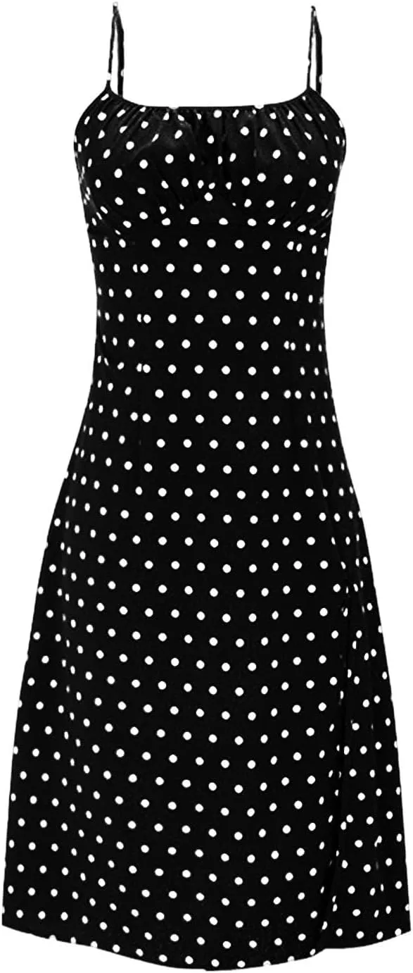 Spaghetti Strap Dresses for Women 2025 Polka Dot Sleeveless Slit Midi Dress Summer Sexy Boho Flowy Beach Vacation Sundress