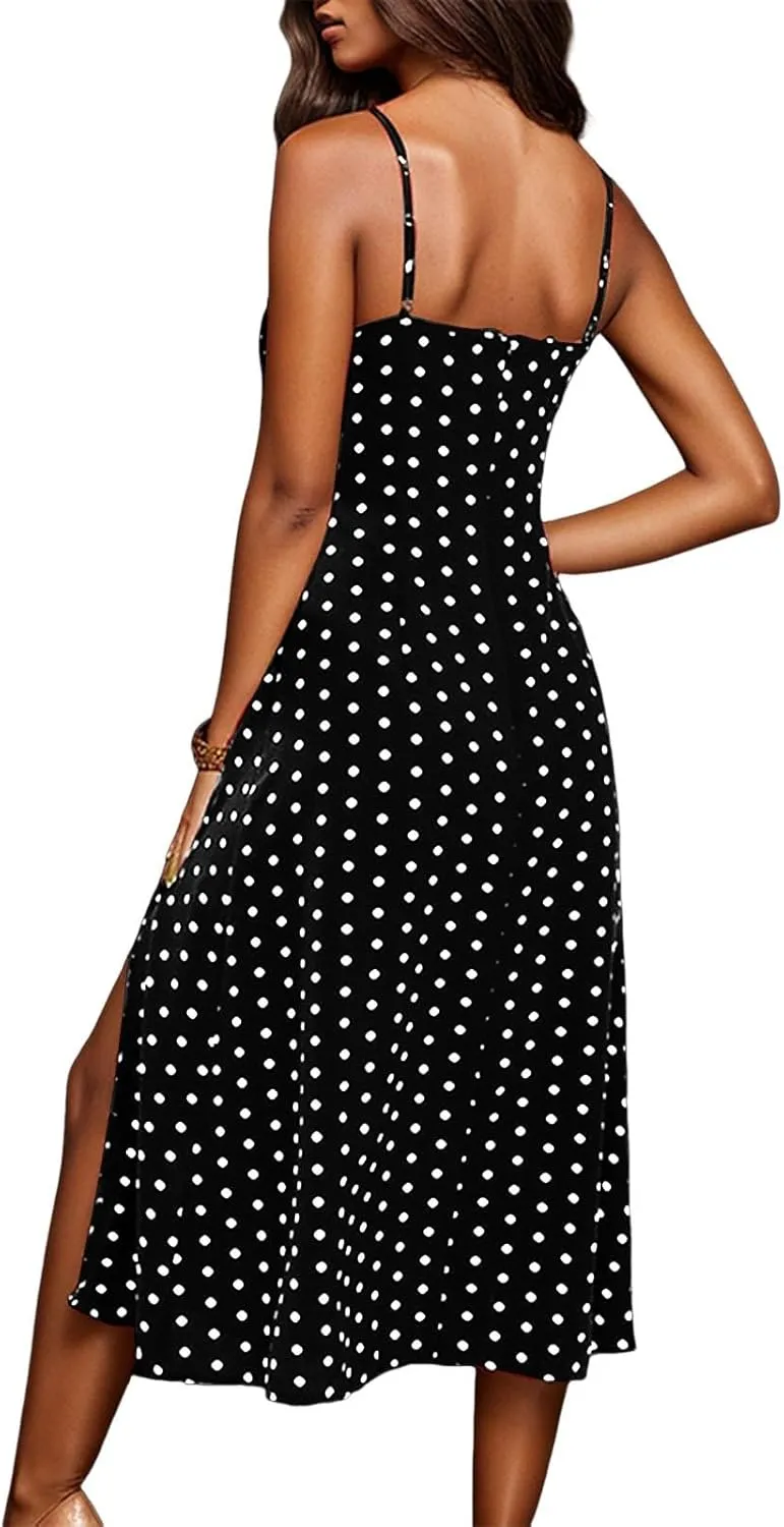 Spaghetti Strap Dresses for Women 2025 Polka Dot Sleeveless Slit Midi Dress Summer Sexy Boho Flowy Beach Vacation Sundress