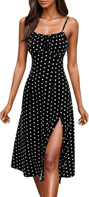Spaghetti Strap Dresses for Women 2025 Polka Dot Sleeveless Slit Midi Dress Summer Sexy Boho Flowy Beach Vacation Sundress