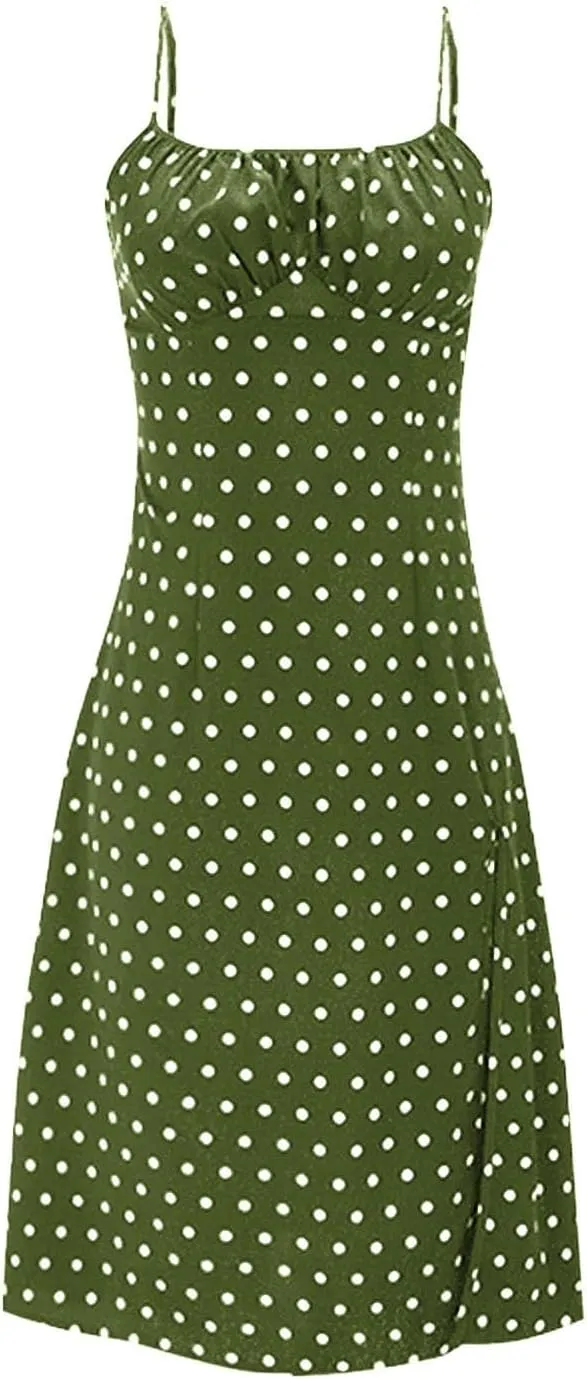 Spaghetti Strap Dresses for Women 2025 Polka Dot Sleeveless Slit Midi Dress Summer Sexy Boho Flowy Beach Vacation Sundress