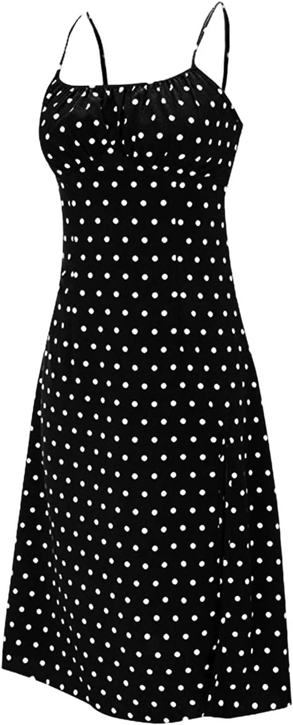 Spaghetti Strap Dresses for Women 2025 Polka Dot Sleeveless Slit Midi Dress Summer Sexy Boho Flowy Beach Vacation Sundress