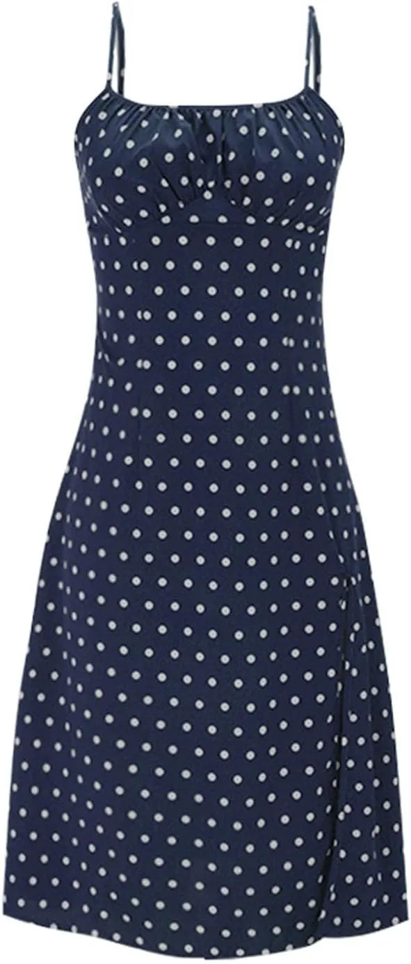 Spaghetti Strap Dresses for Women 2025 Polka Dot Sleeveless Slit Midi Dress Summer Sexy Boho Flowy Beach Vacation Sundress