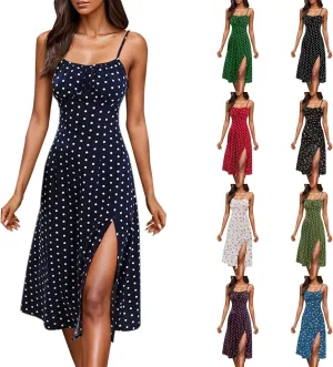 Spaghetti Strap Dresses for Women 2025 Polka Dot Sleeveless Slit Midi Dress Summer Sexy Boho Flowy Beach Vacation Sundress