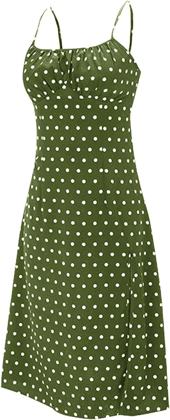 Spaghetti Strap Dresses for Women 2025 Polka Dot Sleeveless Slit Midi Dress Summer Sexy Boho Flowy Beach Vacation Sundress