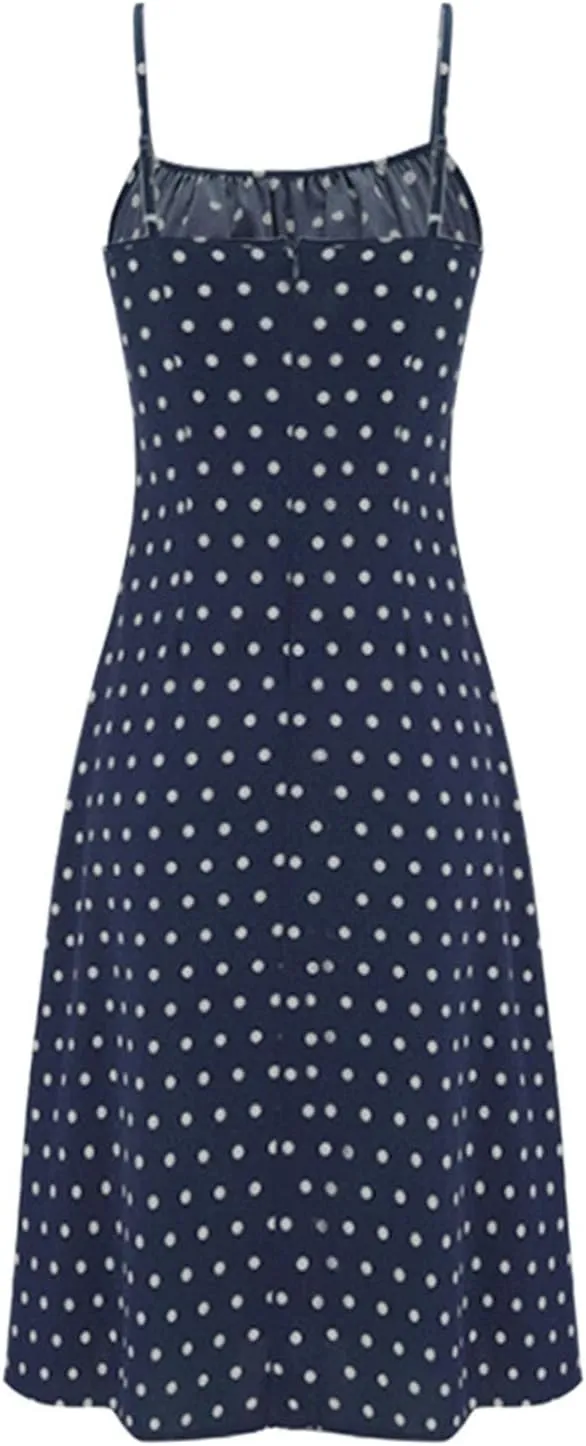 Spaghetti Strap Dresses for Women 2025 Polka Dot Sleeveless Slit Midi Dress Summer Sexy Boho Flowy Beach Vacation Sundress