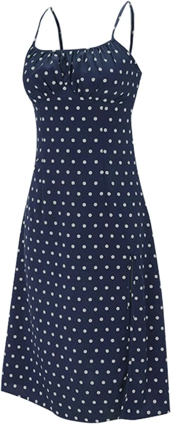 Spaghetti Strap Dresses for Women 2025 Polka Dot Sleeveless Slit Midi Dress Summer Sexy Boho Flowy Beach Vacation Sundress