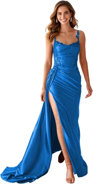 Spaghetti Strap Satin Prom Dress 2025 with Slit Long Mermaid Corset Prom Dresses Formal Evening Dresses for Women