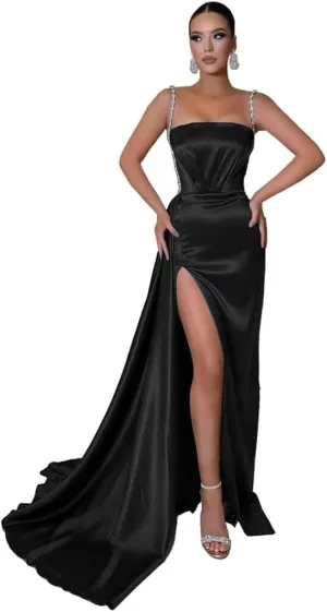 Spaghetti Straps Mermaid Prom Dresses 2024 Long Beaded Tube High Slit Pleated Satin Tight Formal Evening Party Gowns