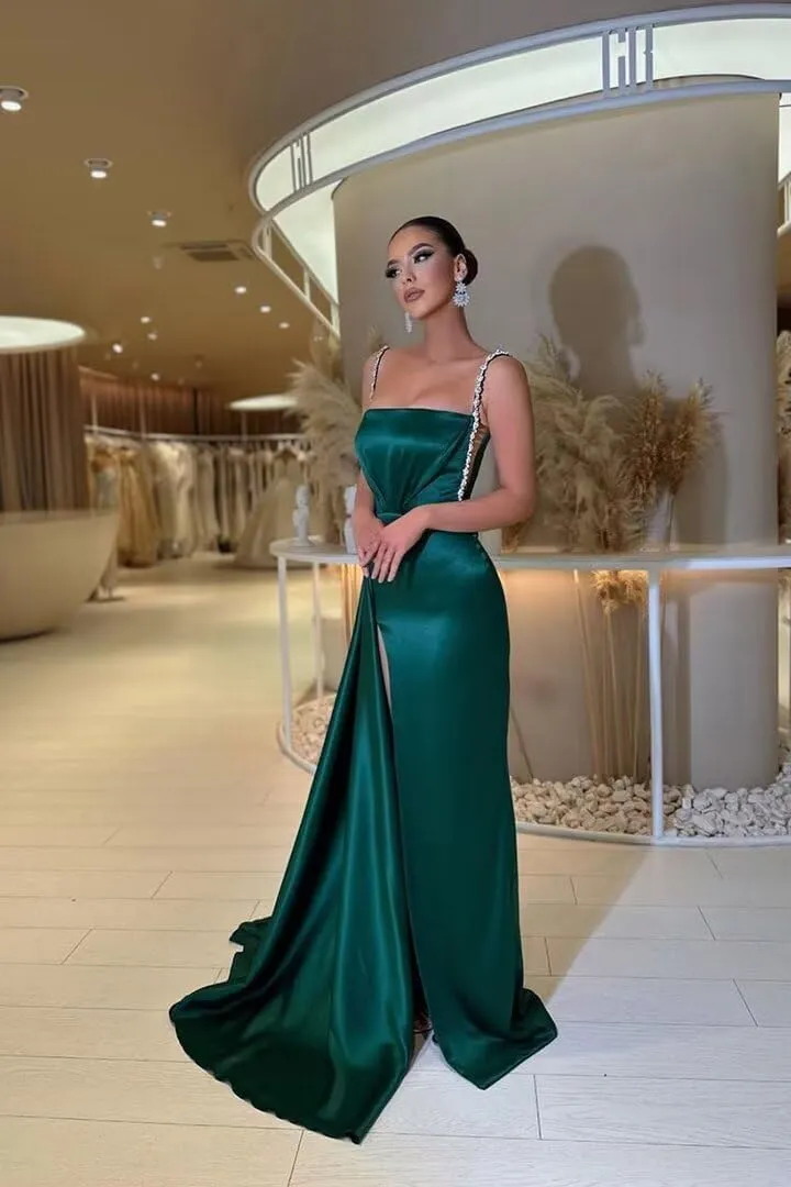 Spaghetti Straps Mermaid Prom Dresses 2024 Long Beaded Tube High Slit Pleated Satin Tight Formal Evening Party Gowns