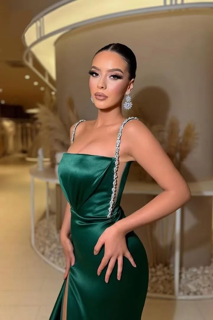 Spaghetti Straps Mermaid Prom Dresses 2024 Long Beaded Tube High Slit Pleated Satin Tight Formal Evening Party Gowns