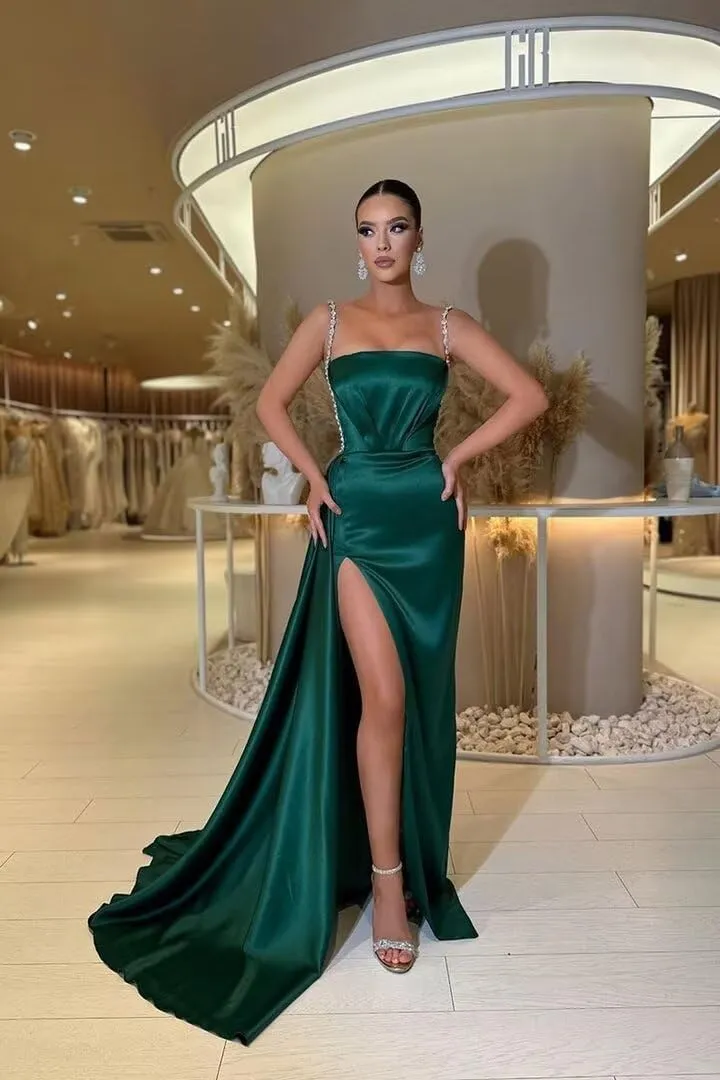 Spaghetti Straps Mermaid Prom Dresses 2024 Long Beaded Tube High Slit Pleated Satin Tight Formal Evening Party Gowns